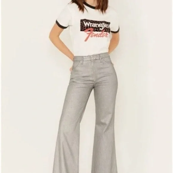 Wrangler x Fender Silver Metallic Wanderer Flare Jeans NWT 29 Rockstar Core - Picture 3 of 13